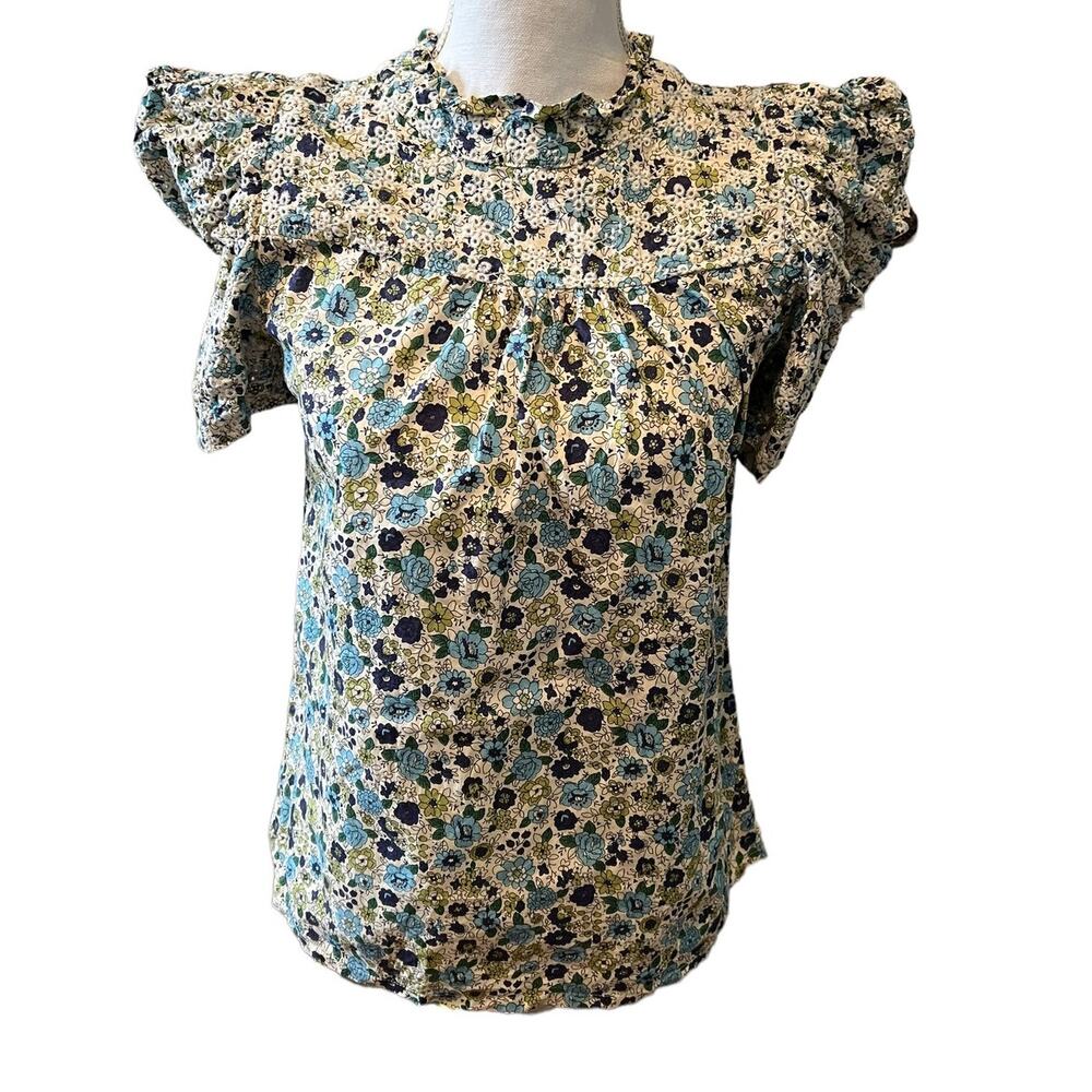 Solitaire Feminine Blue floral print puff sleeve Top S